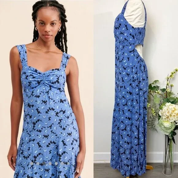 FREE PEOPLE * Rosalee Midi Dress | large | blue floral - Picture 4 of 10